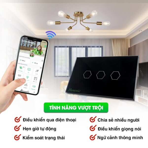 CÔNG TẮC CẢM ỨNG THÔNG MINH HUNONIC WIFI 3 NÚT