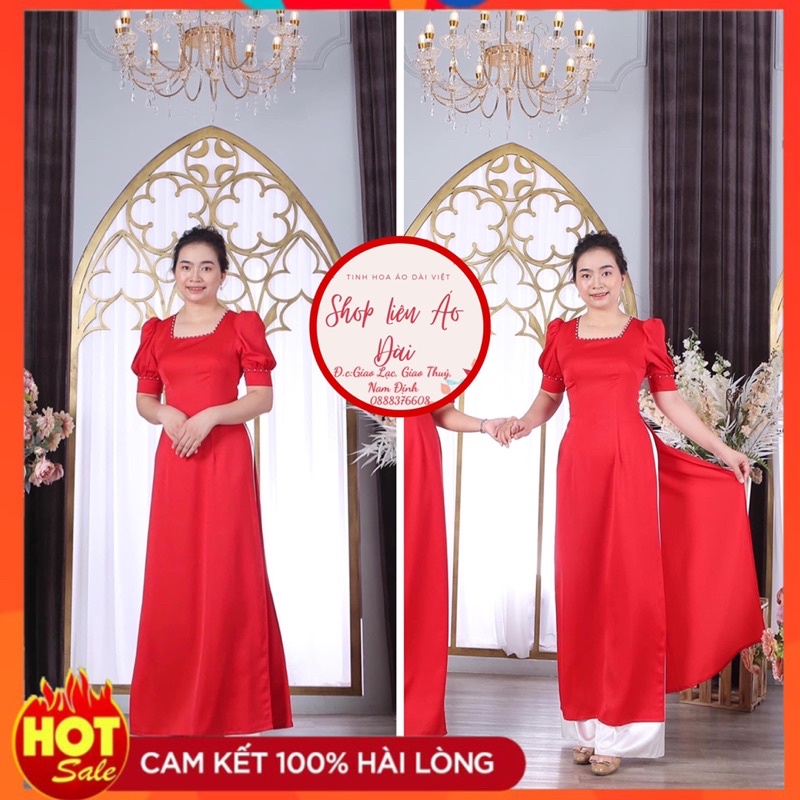 Áo dài đỏ cổ vuông, thiết kế cách điệu tay bồng bo tay,chất vải lụa Tây thi mềm mại , co giãn tốt 2 tà