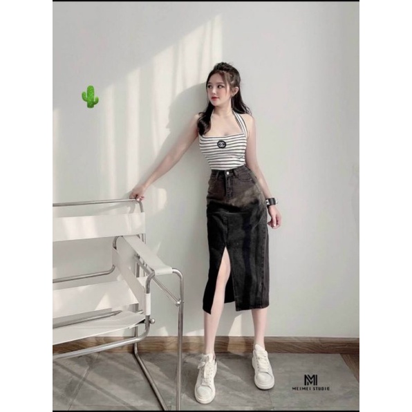 Áo dây trồng cổ có mút ngực thêu logo hoạ tiết sọc chất thun gân co giãn cam kết hàng y hình ( free size dưới 53kg)