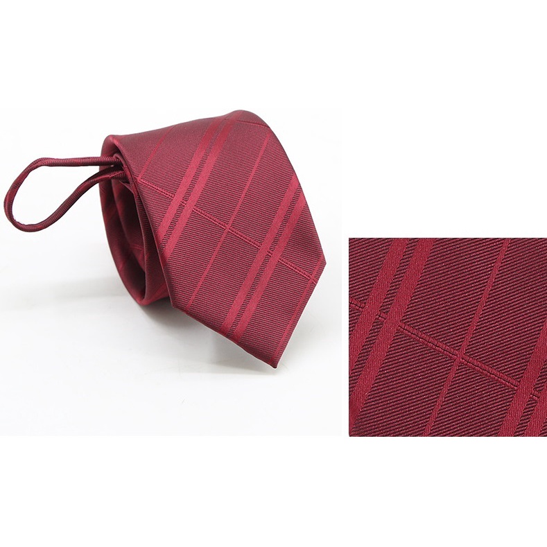 Cà Vạt Nam 7cm thắt sẵn khóa kéo cao cấp màu đỏ họa tiết kẻ chéo, Cravat công sở, Calavat chú rể, dự tiệc