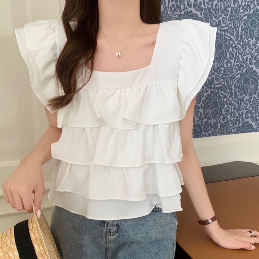Áo kiểu Hàn Quốc kiểu dáng cổ vuông 3 tầng bèo cột nơ sau dễ thương - AO083