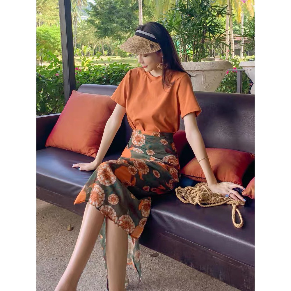 SET ÁO PULL CAM MIX CHÂN VÁY HOA | BigBuy360 - bigbuy360.vn