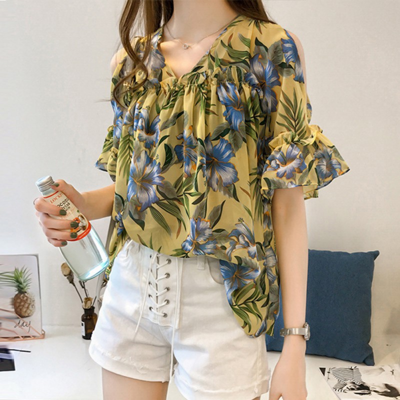 [Baywellfashion]Áo chiffon nữ vải hoa thiết kế hở vai trẻ trung cá tính