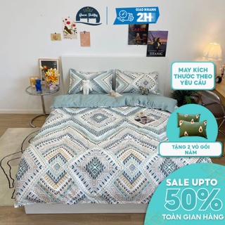 Bộ chăn ga gối thổ cẩm xanh chất liệu cotton poly set 4 món dành cho mùa hè