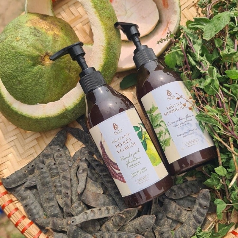 Cặp Dầu Gội Xả Bồ Kết Vỏ Bưởi Hương Nhu MELA Chăm Sóc Tóc Giảm Gàu Mềm Mượt, Ngăn Gãy Khô Tóc 300ml