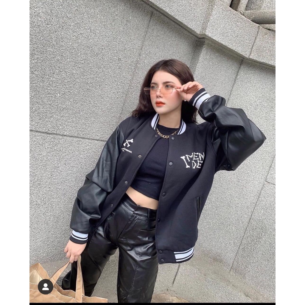 Áo khoác bomber bóng chày cực chất màu đen in hình ĐẦU LÂU phối tay da phom rộng Unisex nam nữ