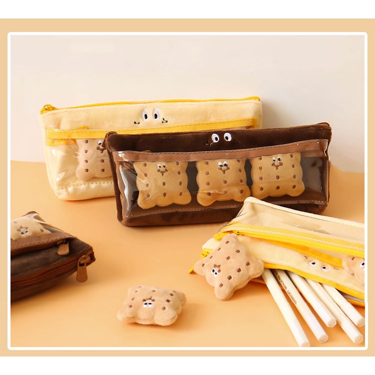 Hộp đựng bút, túi đựng bút bé bánh quy lông mịn kèm stiker bông dễ thương KT 21.5*4.5*9