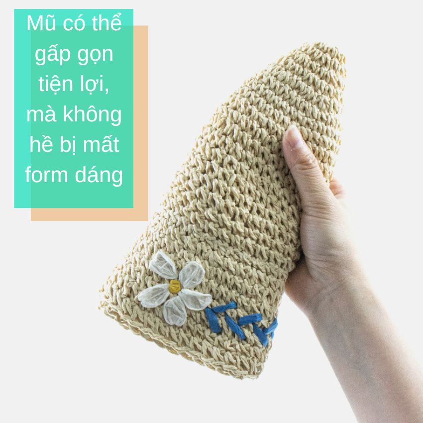 Mũ Bucket cói mềm thêu hoa lá nữ tính