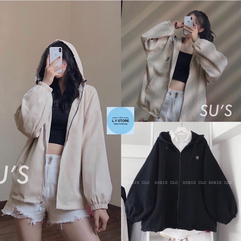 Áo Khoác Kaki Bò Icon L.Y Store Nữ [FREESHIP]  Jacket hoodie form rộng khóa tròn bo tay bồng màu TRẮNG | ĐEN Ulzzang