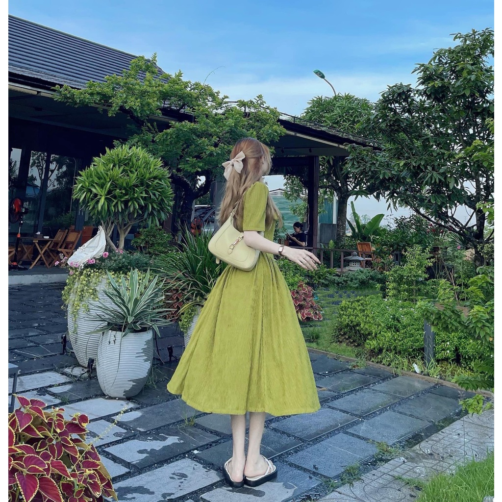 : Váy li cúc nhún eo 2 form màu xanh cốm cúc đồng kẻm ảnh thật trải sàn LOLLA FASHION