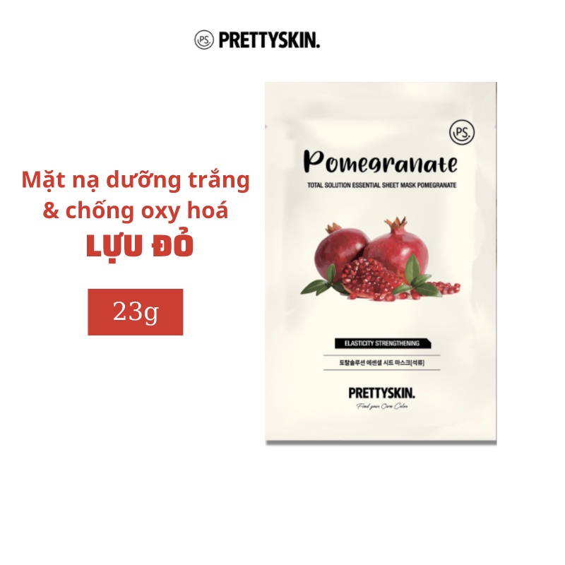 Mặt nạ tinh chất lựu đỏ PRETTYSKIN. Total Solution Essential Sheet Mask dưỡng trắng và chống oxy hóa 23ml