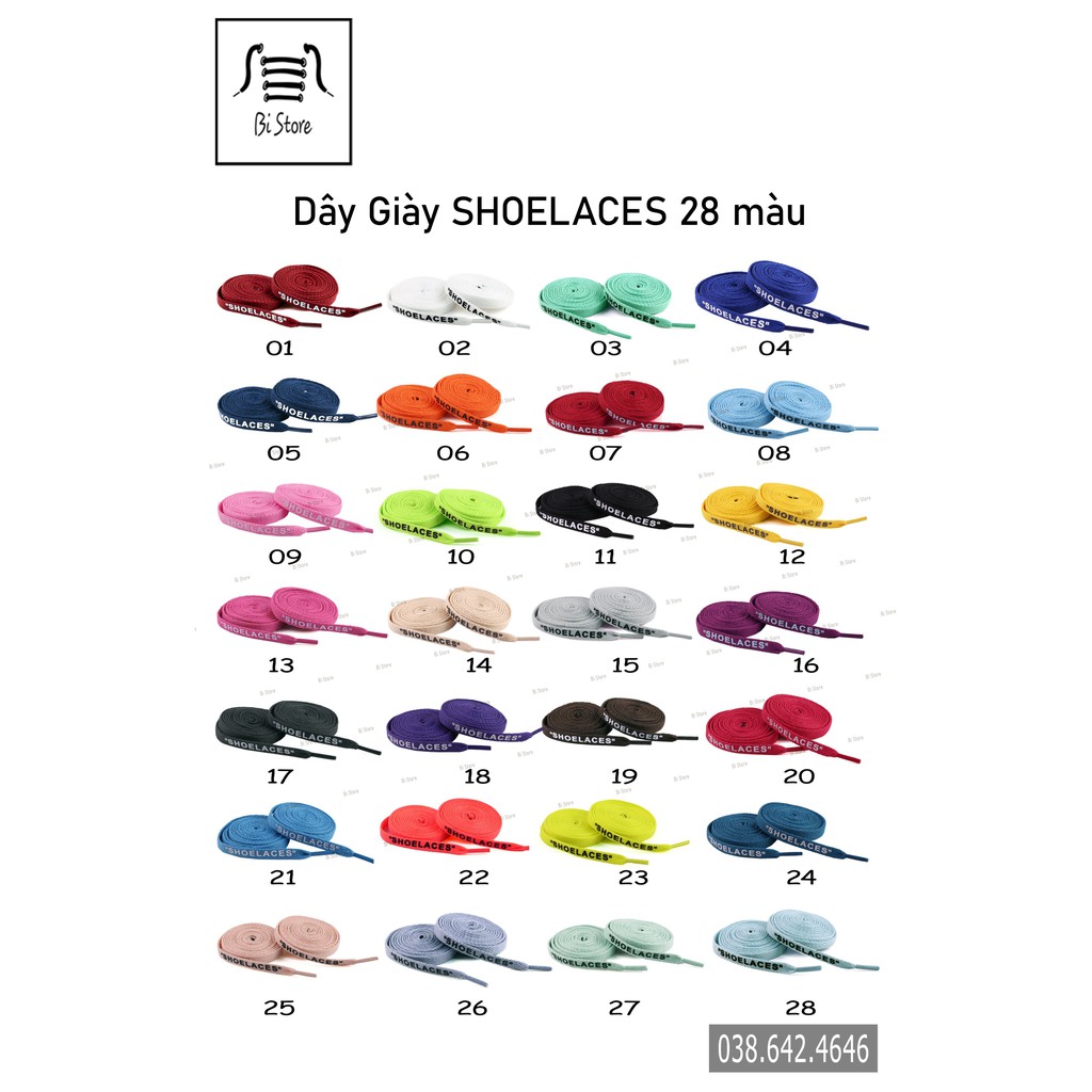 [𝗕𝗮́𝗻 𝘁𝗵𝗲𝗼 𝗰𝗮̣̆𝗽] Dây giày dẹt có chữ SHOELACES dành cho giày Nike AF1, AJ, Converse, Vans,... [𝟬𝟭 - 𝟭𝟰] [𝗕𝗮̉𝗻𝗴 𝟮𝟴 𝗺𝗮̀𝘂]