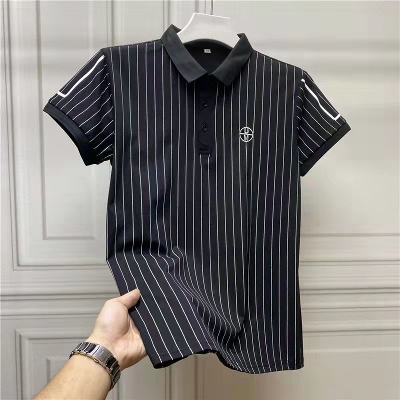 ADIDAS Áo Thun Nam Tay Ngắn Có Cổ Họa Tiết Sọc Ngang Thêu Thời Trang