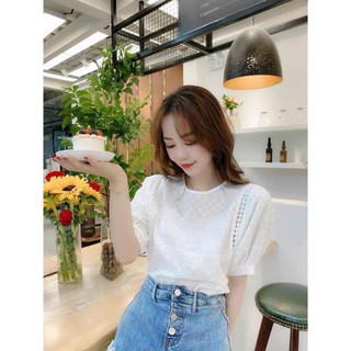 Áo sơ mi hàn quốc A.207, áo sơ mi trắng kiểu tay bồng dáng ngắn cổ tròn họa tiết ren cực xinh  ༷