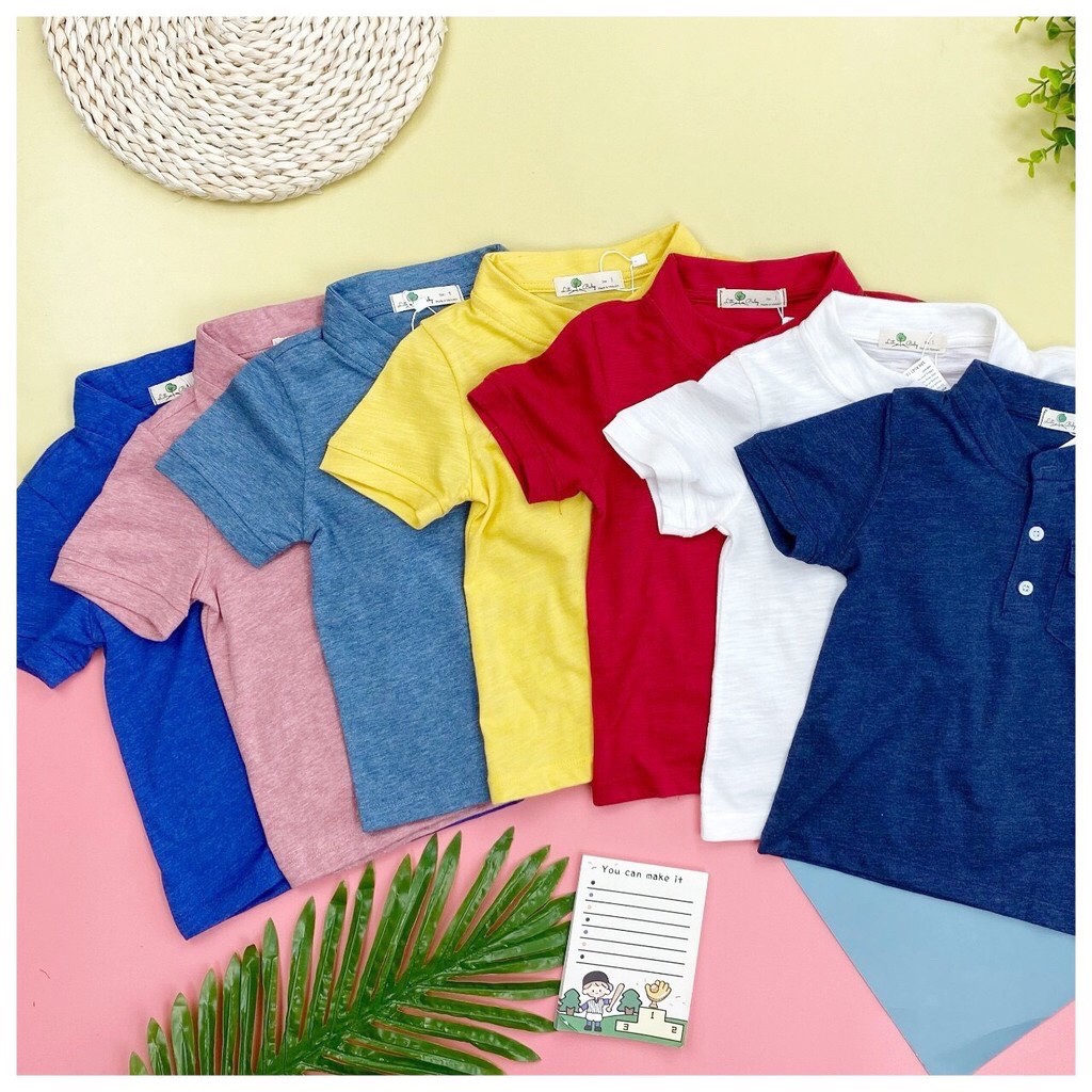 Áo thun cổ trụ màu trơn cho bé trai, cotton xước mềm
