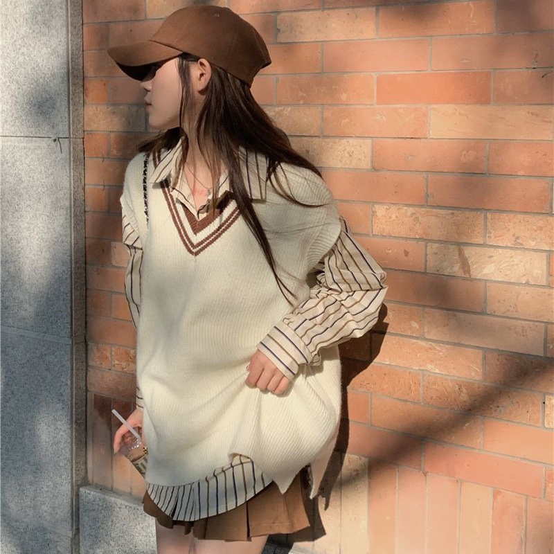 Set Áo Sơ Mi Tay Dài Kẻ Sọc + Áo Vest Dệt Kim Sát Nách Cổ Chữ V Phong Cách Hàn Quốc Mới Cho Nữ