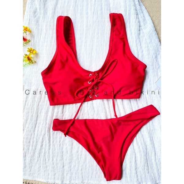 Bikini đồ bơi 2 mảnh áo bơi kín dáng bra có đệm dây buộc hàng ZAFUL chính hãng