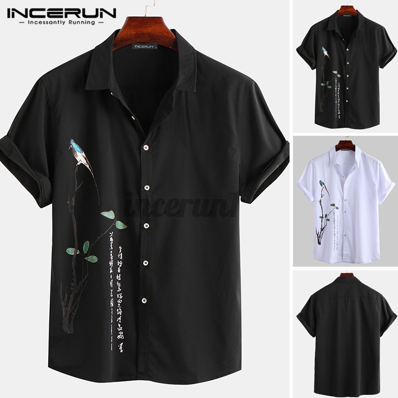 Áo sơ mi INCERUN tay ngắn in họa tiết cá tính cho nam