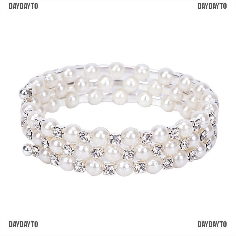 Vòng đeo tay co giãn nhiều lớp bằng ngọc trai pha lê lấp lánh