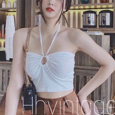 Áo croptop thun bozip kiểu luồn dây tròn cột cổ sexy siêu hot hit ảnh thật