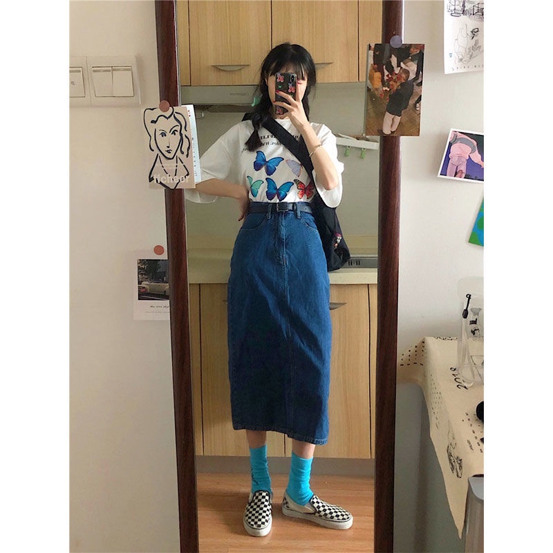 COZOK Chân váy denim lưng cao xẻ tà phong cách Hàn Quốc