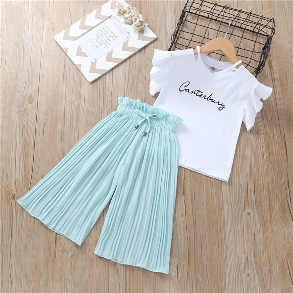Set Áo Thun Ngắn Tay + Quần Ống Rộng Chất Liệu Cotton Thoáng Khí Cao Cấp Thời Trang Dành Cho Bé Gái