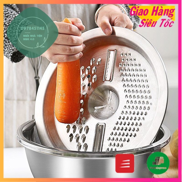BỘ THAU RỔ BÀO RAU CỦ INOX 304 KHÔNG RỈ 3 MÓN