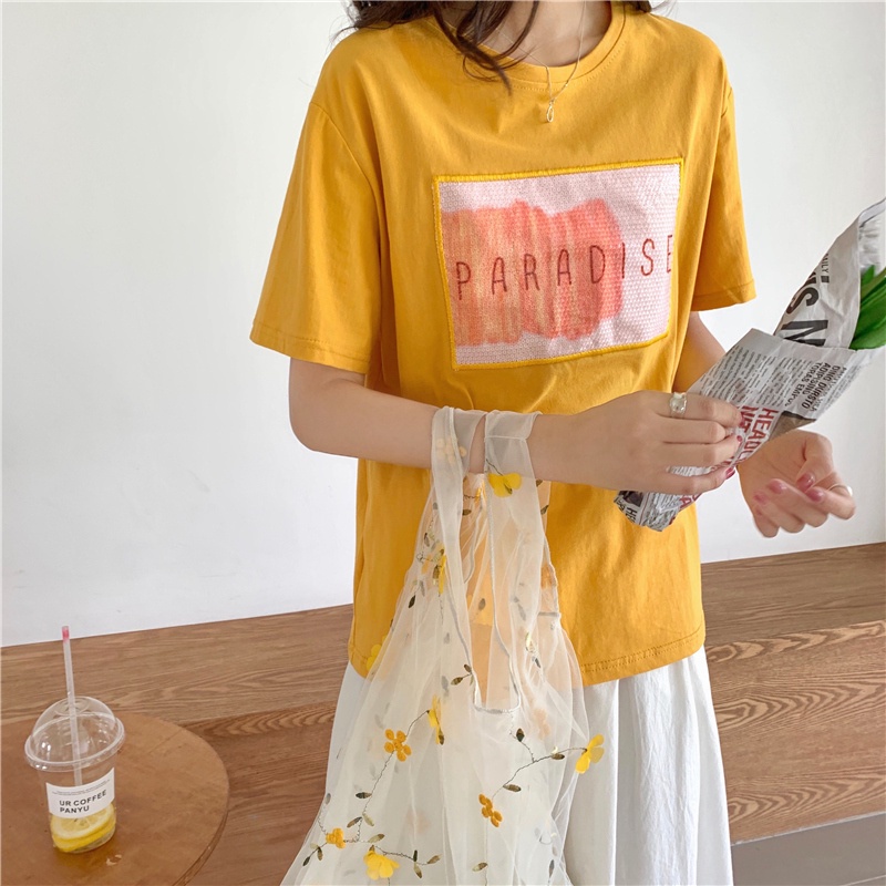 Áo Thun Tay Ngắn Cổ Tròn Thêu Chữ Đính Kim Sa Lấp Lánh Thời Trang