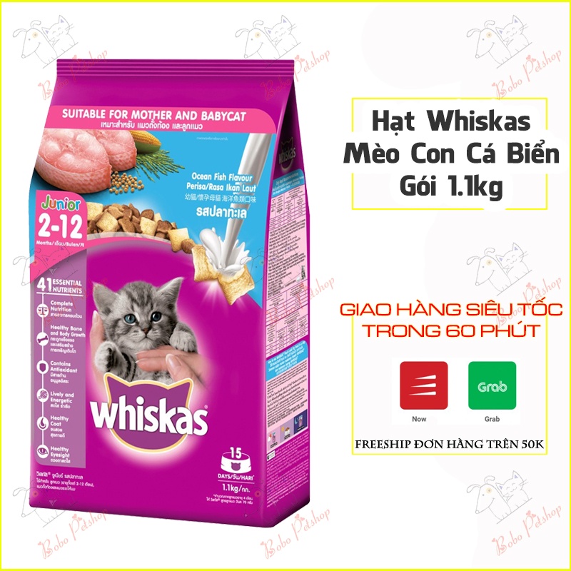 [DÀNH CHO MÈO CON] Thức Ăn Cho Mèo Con WHISKAS Hạt Whiskas Cho Mèo Vị Cá Biển Với Sữa 1.1kg - Bobo Pet Shop Hà Nội