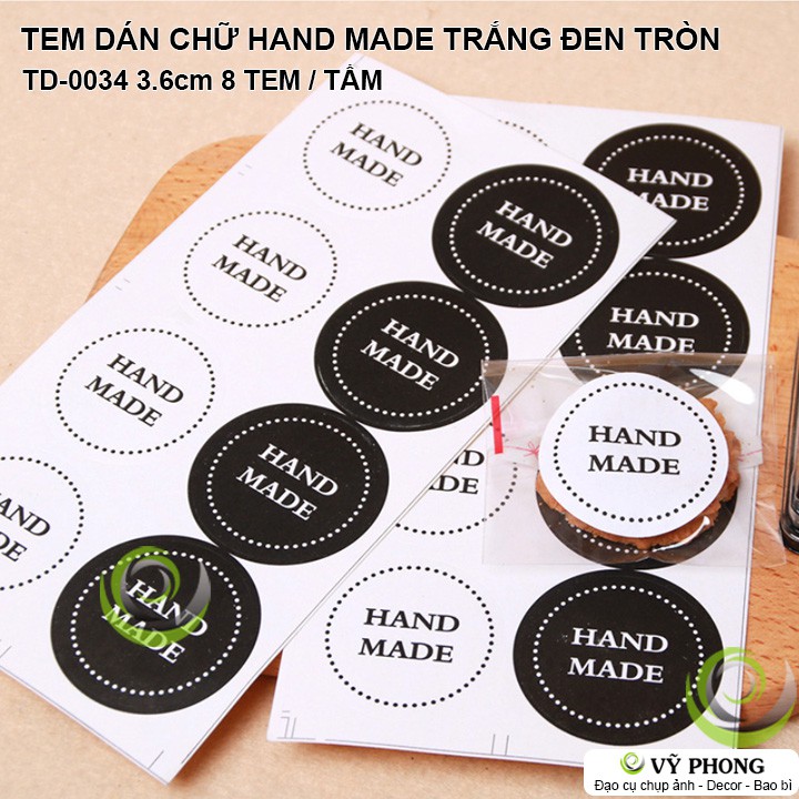 TEM DÁN STICKER CHỮ HAND MADE TRẮNG ĐEN NHÃN DÁN NIÊM PHONG TRANG TRÍ HỘP QUÀ BAO BÌ BÁNH KẸO TD-0034