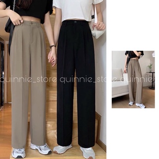 Quần vải ống suông màu nâu tây eo lưng chun bo eo tôn dáng