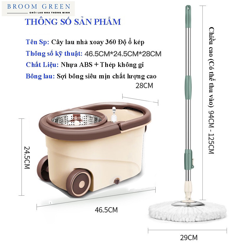 Bộ Chổi Lau Nhà Xoay 360 Độ Cao Cấp, Ổ Vắt Kep Phân Tách, Bánh Xe To, Cán và Mâm Inox Chắc Chắn - Broom Green PR05