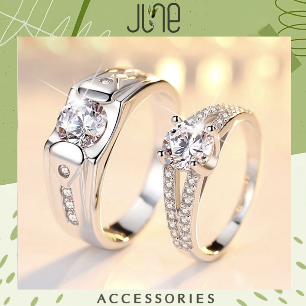 Nhẫn đôi mạ bạc 925 đính đá sang trọng có thể tự điều chỉnh size so với ngón tay June accessories