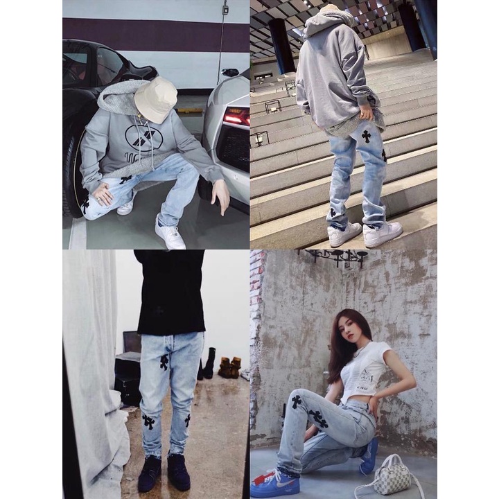 Quần jean unisex thánh giá họa tiết CH form thường