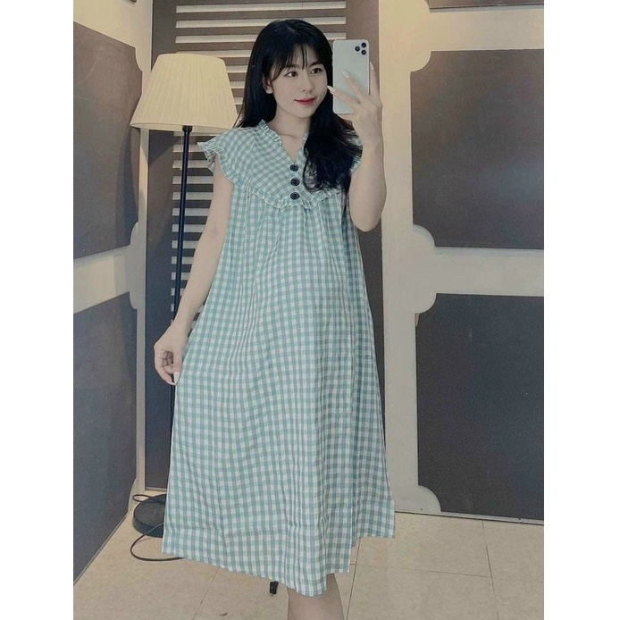 Váy bầu ngắn tay thời trang thiết kế kẻ caro xinh xắn M493 Mom and Baby
