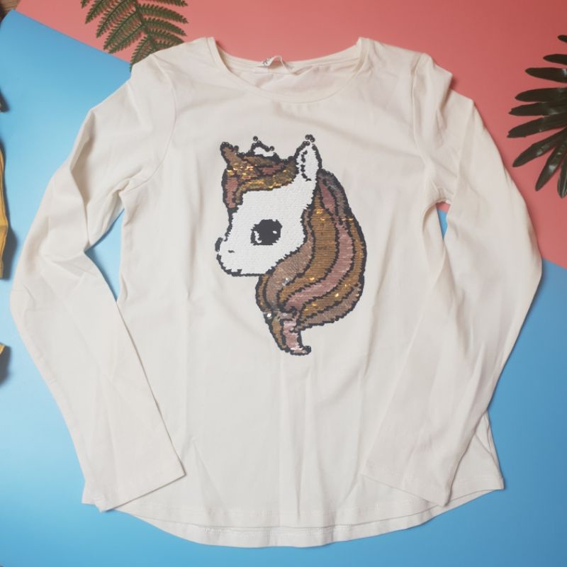 Áo thun bé gái HM dài tay có in hình ngựa pony chất cotton