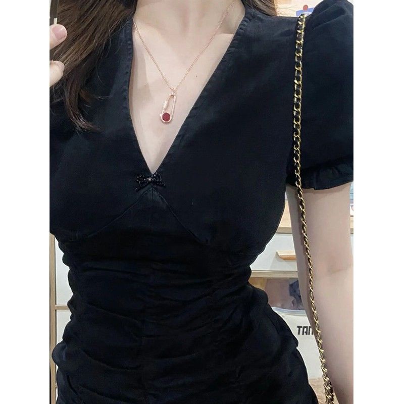 Đầm Đen Chiết Eo Phong Cách Pháp Thời Trang Mùa Hè 2022 Dành Cho Nữ