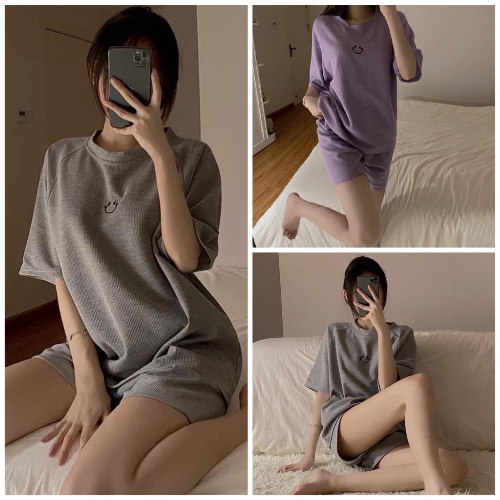 Set Raglan Tổ Ong Thêu Mặt Cười JOLIE Nữ  🌸 Bộ đồ quần short kèm áo thun form rộng tay lỡ hàn quốc Ulzzang 🌸