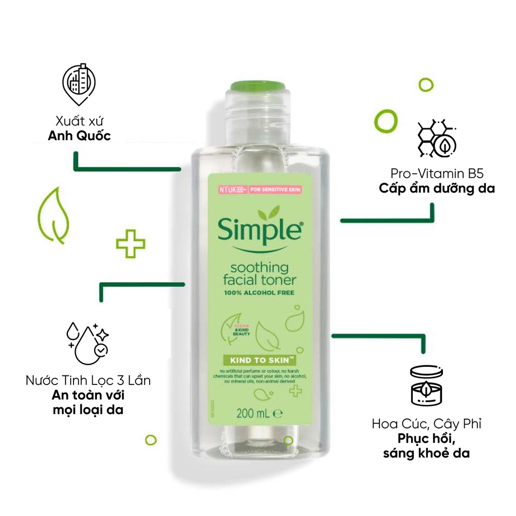 Nước Hoa Hồng Simple Cân Bằng Da Dịu Nhẹ Kind To Skin Soothing Facial Toner 200ml