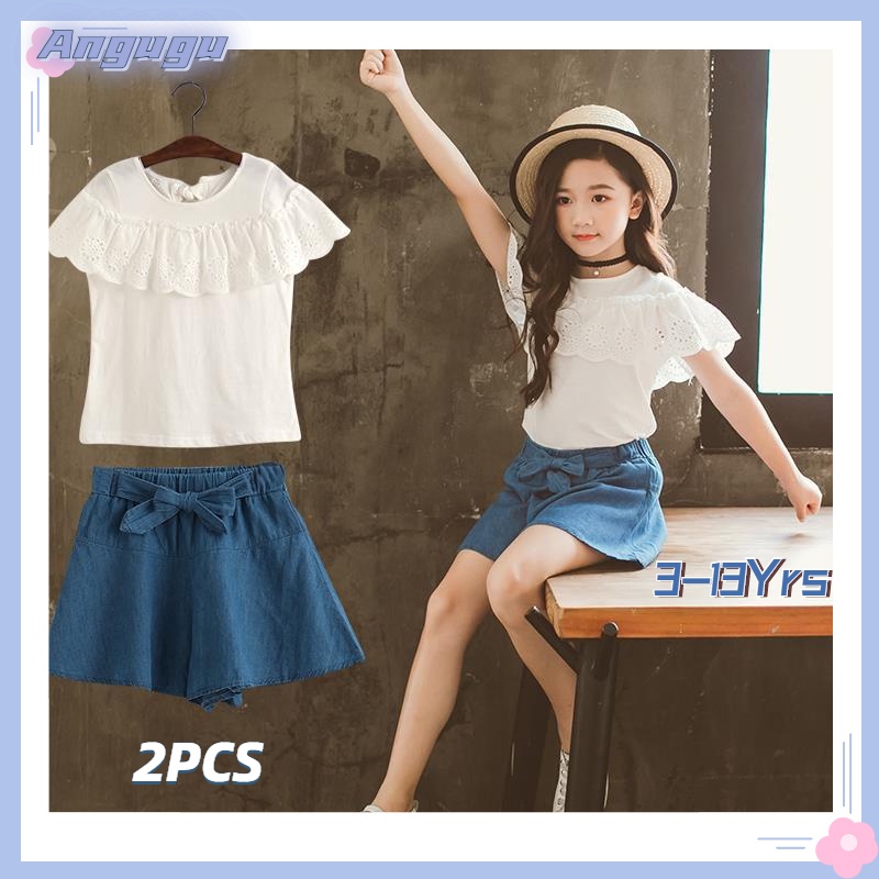 Set Đồ Mùa Hè 2 Món Gồm Áo + Quần Short Denim + Váy Ngắn Cho Bé Gái Từ 3-4 - 5-6 - 7-8 - 9-10 - 11-12 Tuổi 2022 Mới