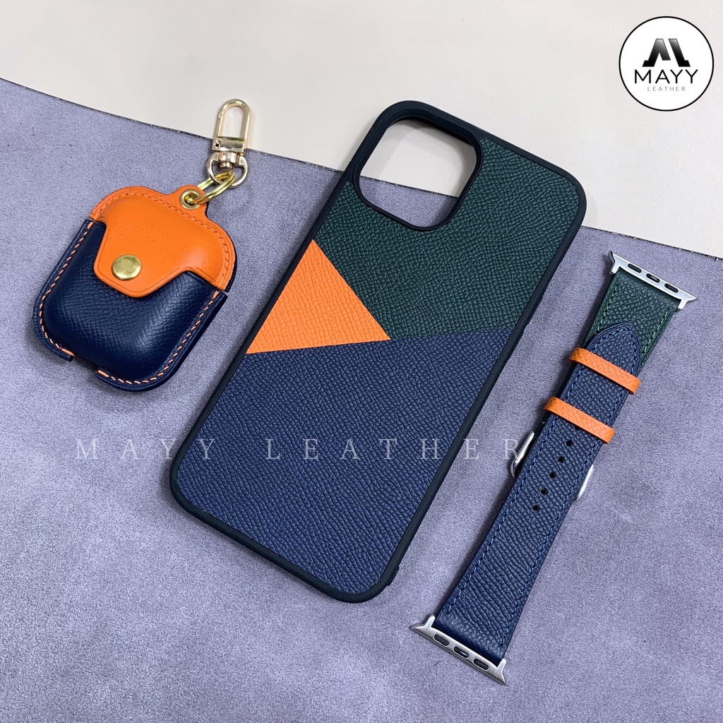 Ốp Da Đồng Hồ Apple Watch Da Bê Epsom Mix Rêu Cam Xanh