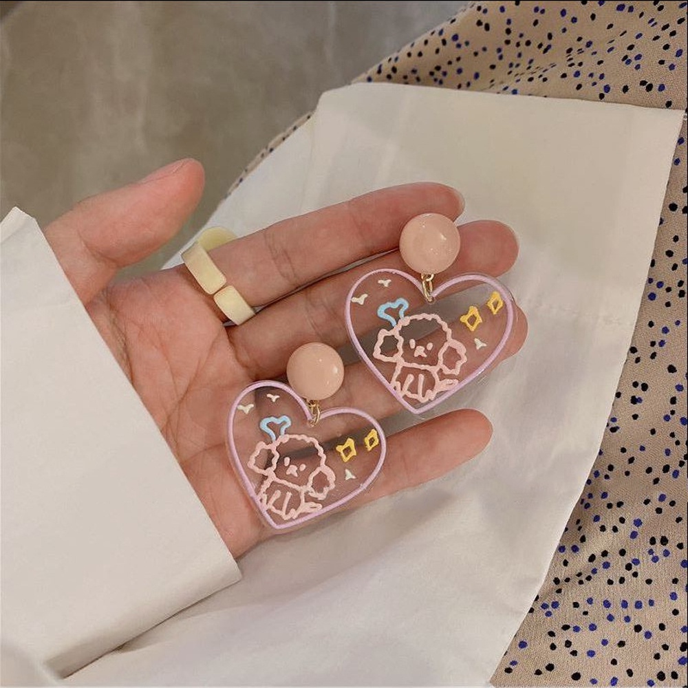 Khuyên tai dáng dài bằng acrylic mặt trong suốt mặt hình que kem/hình ngôi sao/trái tim in hình chú chó cổ điển