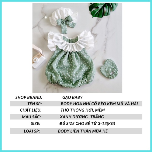 Bodysuit dễ thương cho bé - Body hoa nhí cổ bèo kèm mũ nơ siêu xinh cho bé