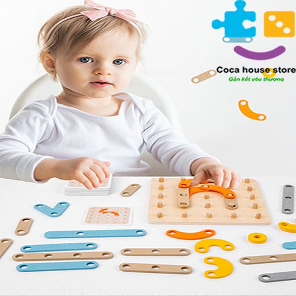 Bộ xếp hình chữ và hình học Montessori bảng đóng đinh Đồ dùng dạy học đồ họa xếp hình bằng gỗ giáo dục sớm