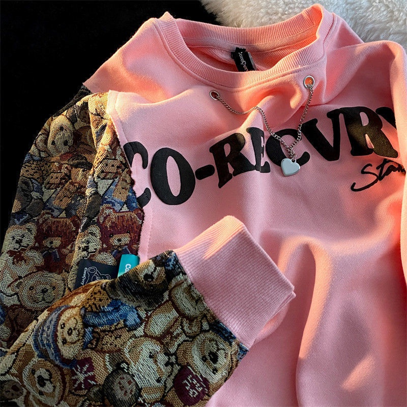 Áo sweater IELGY dài tay dáng rộng in hình gấu phong cách cổ điển cho nữ