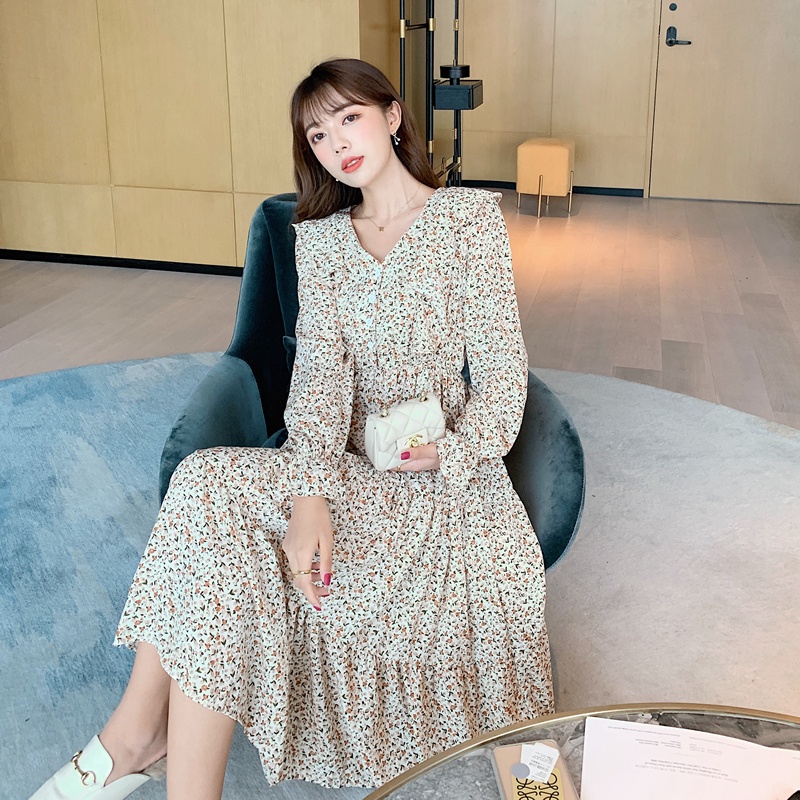 Đầm Maxi Chiffon cổ chữ V in hoa thời trang mùa thu thanh lịch