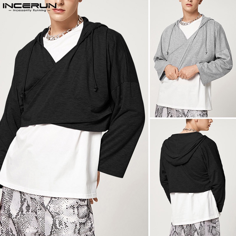 Incerun Áo Hoodie Sweatshirt Chui Đầu Tay Dài Có Mũ Vạt Chéo Lạ Mắt Dành Cho Nam