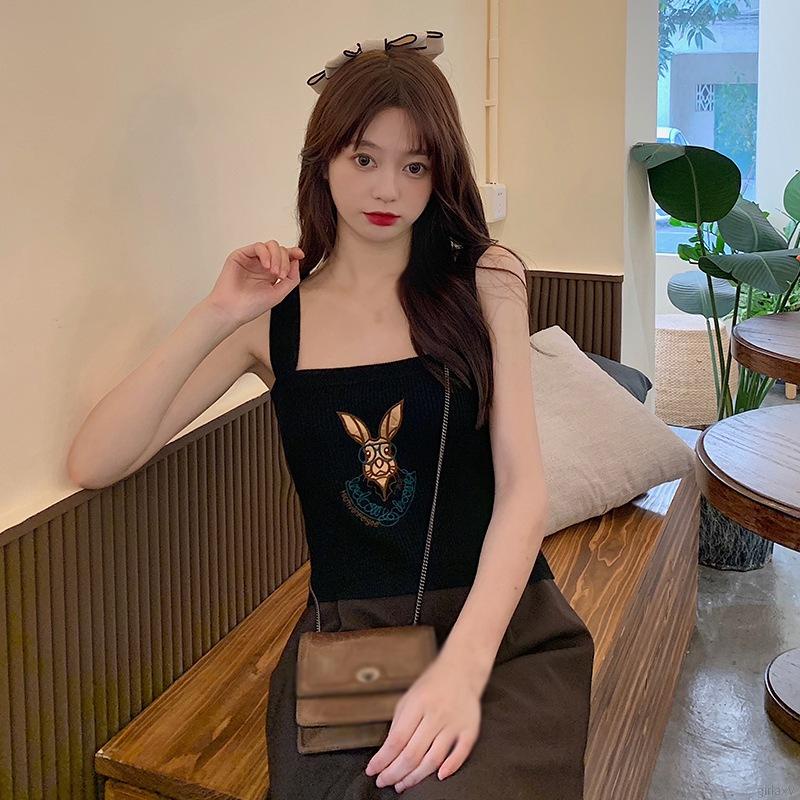 Áo hai dây thêu họa tiết hoạt hình/áo mặc ngoài dệt kim tay dài màu trơn thời trang Hàn Quốc cho nữ (có bán lẻ)