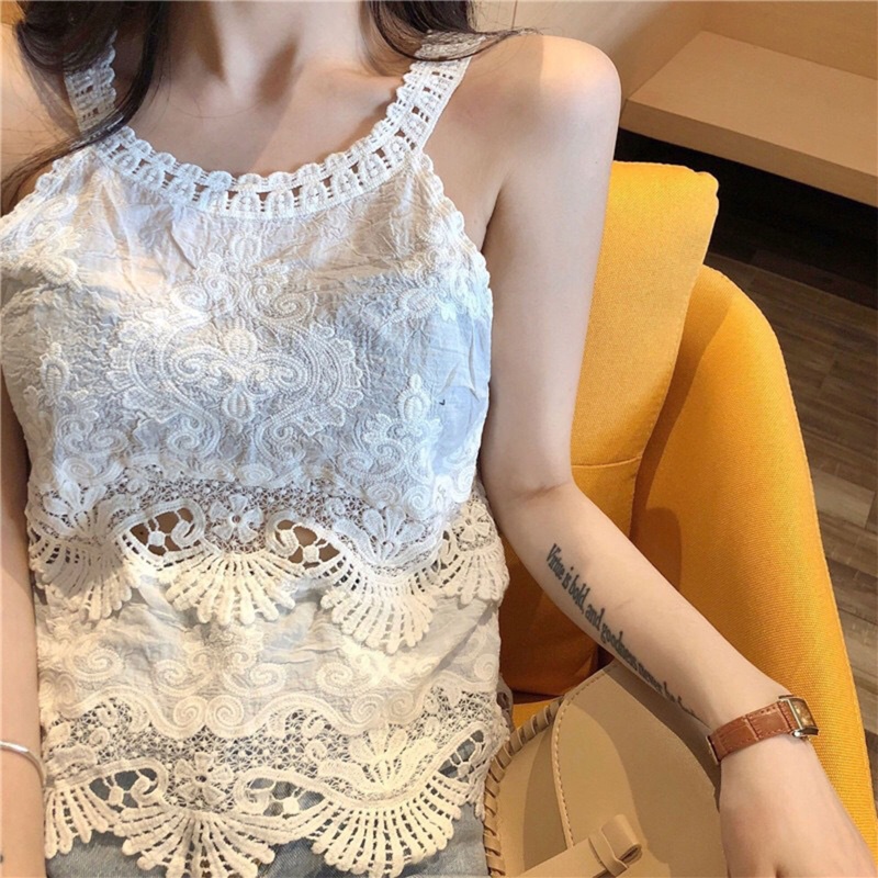 Áo Hai Dây Thêu Hoa Phối Ren Rỗng Phong Cách Harajuku Thời Trang Mùa Hè Cho Nữ