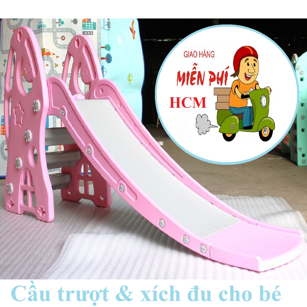 BỘ ĐỒ CHƠI CẦU TUỘT VÀ XÍCH ĐU CHO BÉ NHỰA NGUYÊN SINH TẶNG KÈM BÓNG RỔ KÍCH THƯỚC 210x190x115cm